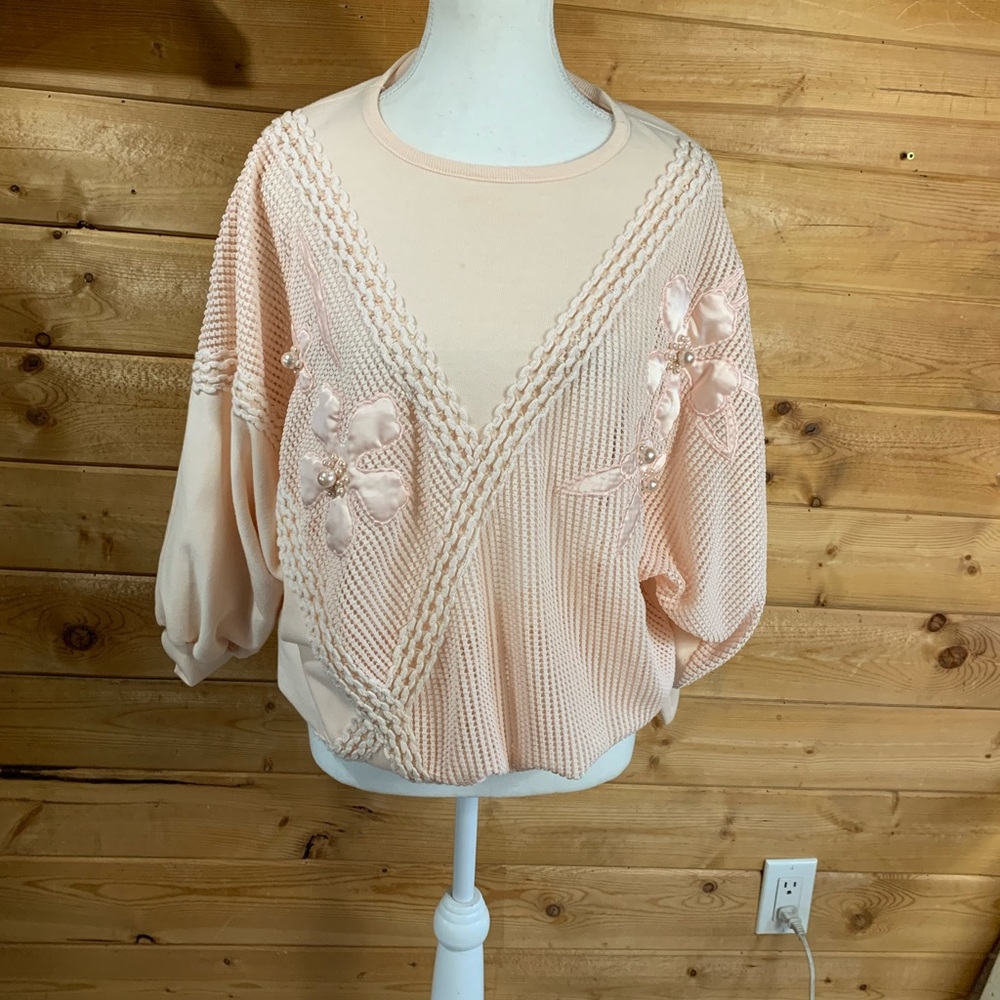 Vintage Unique Pink‎ Sweater Knit Peals Satin Embroidered Oversize Ballet Artist